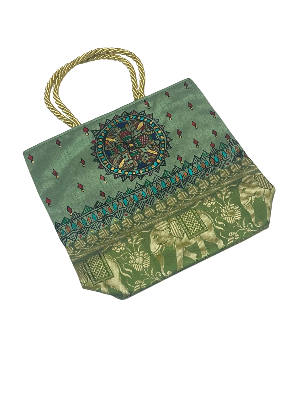 Handpainted Madhubani Bag – Green with Brocade Border, Peacock Motif